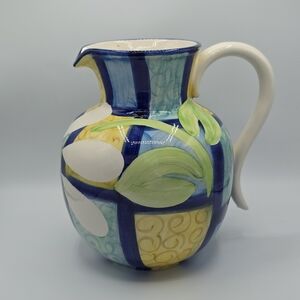 VTG Favanol Ceramic Hand Painted Daisy & Patchwork Pitcher Vase Made in Portugal